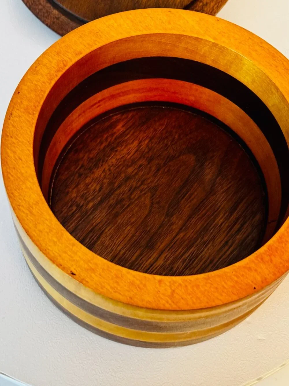Handmade Turned Wood Round Box 7x7 Trinket Box with Lid 4 Layer Cabin READ
